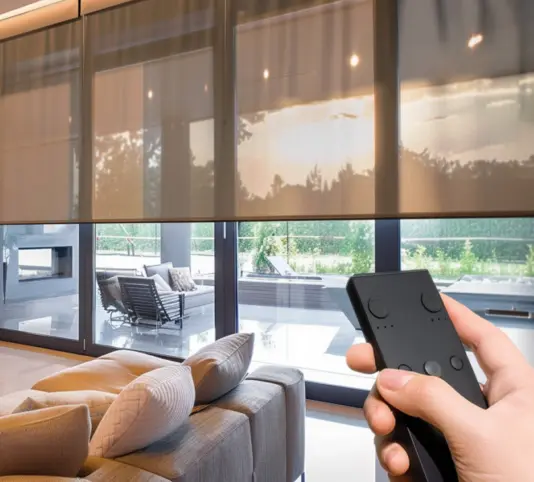 Blinds in living room being controlled by a remote motor.