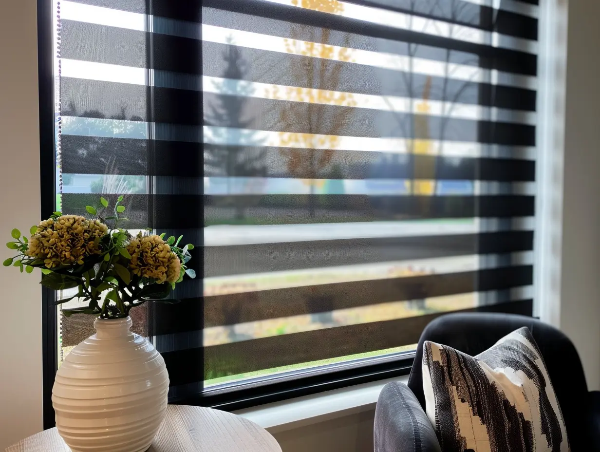 Living room zebra blinds from Speedy Blinds.