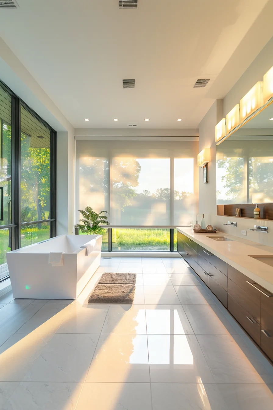Roller blinds in washroom.