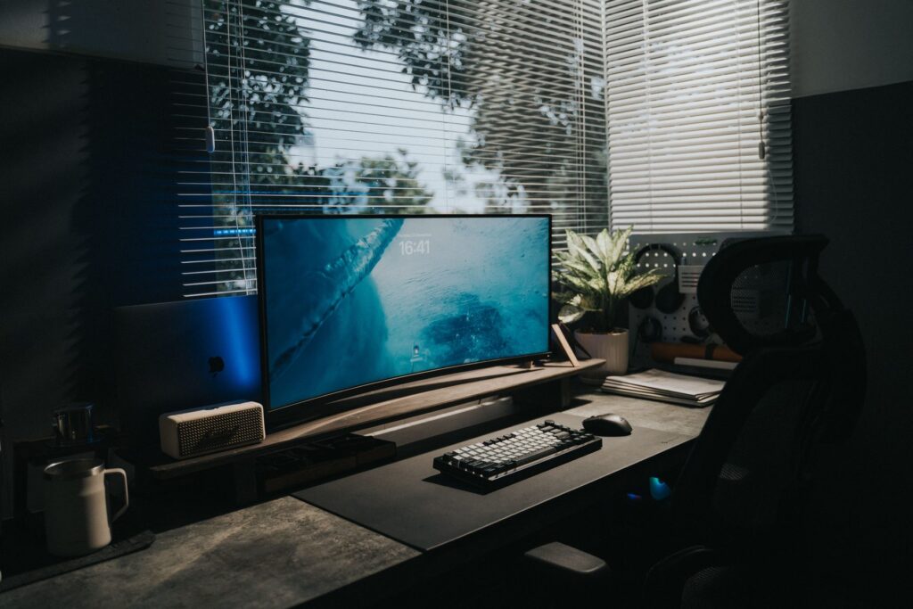 Home office with window blinds