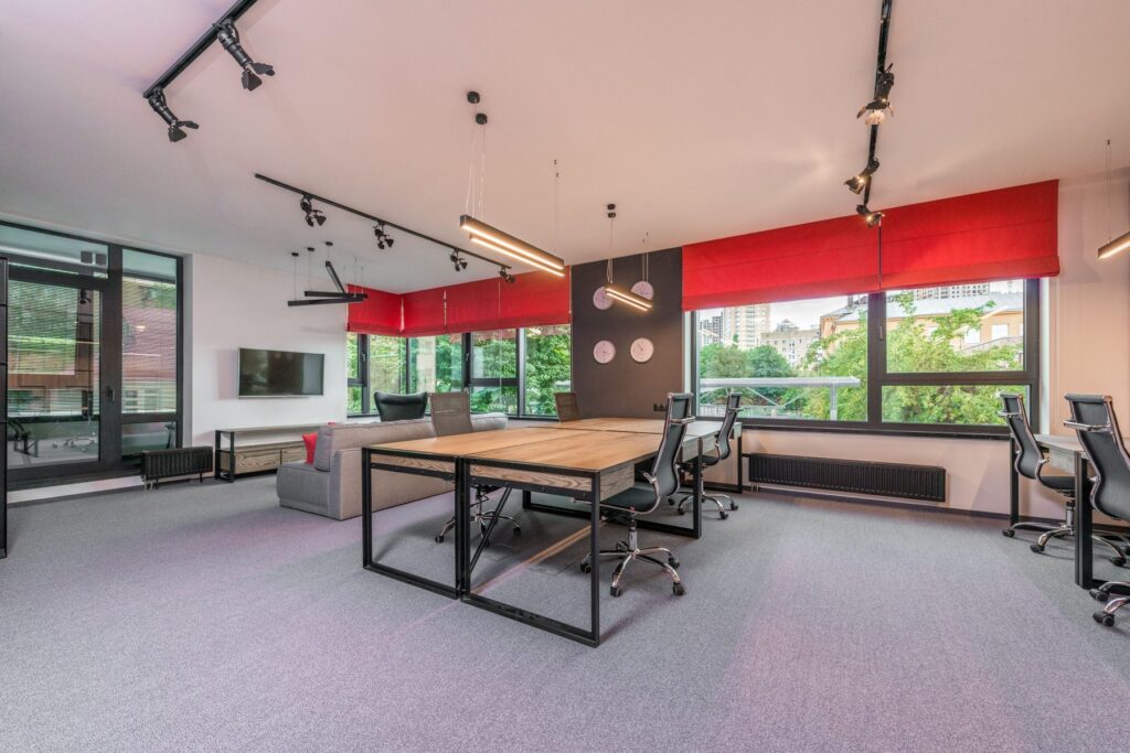 Modern office with red window blinds